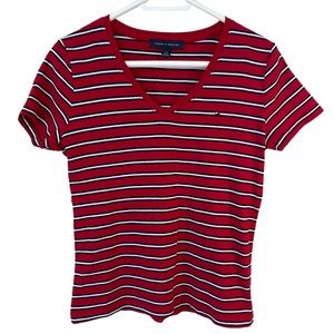Tommy Hilfiger Size Large red blue and white striped v-neck tee t-shirt